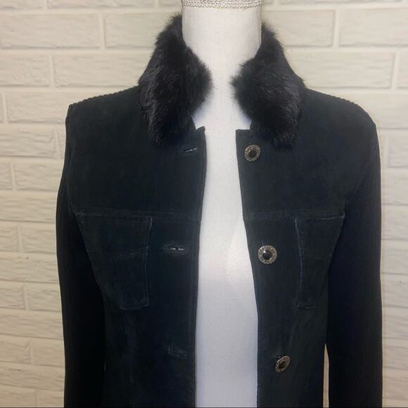 Vintage 90s Y2k Genuine Suede Jacket with Rabbit Fur Collar, Size Small, Black - Picture 3 of 9